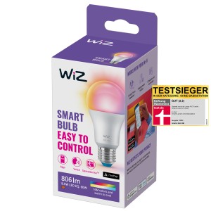 Lampadina LED WiZ E27 nella confezione: Lampadina smart con cambio colore e controllo app.