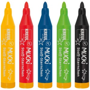 Kreul Mucki Stoffmalstifte, 5er-Set in Gelb, Rot, Blau, Grün und Schwarz.