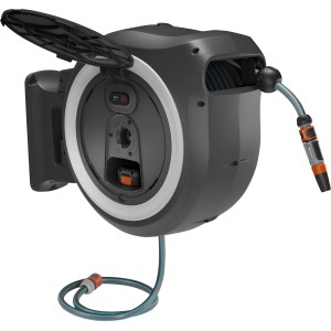 Gardena PowerRoll XXL avvolgitubo a parete a batteria con tubo da 40 m, batteria e staffa a muro.