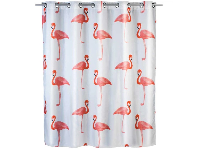 Tenda Doccia Con Fenicottero Rosa 183x183 Cm - Set Con 12 Ganci, Tessuto Poliestere Tropicale Con Foglie E Fiori