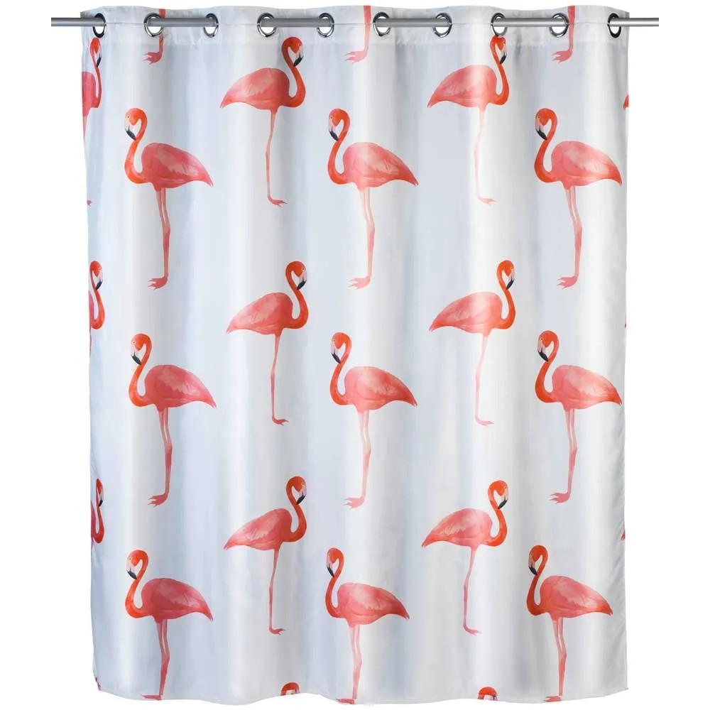 Tenda Doccia Con Fenicottero Rosa E Palme Tropicali – 180x180 Cm – Poliestere Impermeabile Con 12 Ganci