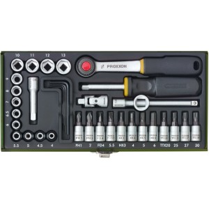 Proxxon Jeu de douilles 36 pièces avec cliquet, tournevis et embouts dans un coffret en acier.