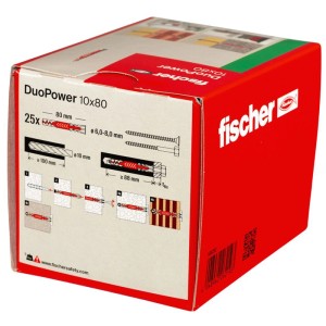 Emballage de 25 chevilles universelles Fischer DuoPower 10x80. Chevilles pour une fixation sûre dans divers matériaux.