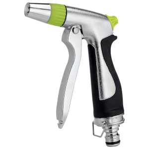 Pistola ad acqua Gartec Aquajet, spruzzatore da giardino in metallo regolabile con manico nero.