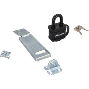 Master Lock Vorhängeschloss-Set: schwarzes Stahlschloss, Schlüssel, verzinkte Überfalle, Öse, Schrauben. Robust, wetterfest, hohe Sicherheit.