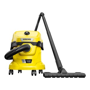 Aspirateur eau et poussière sans fil Kärcher WD 2-18, jaune, avec flexible et buse de sol.