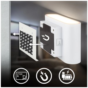 Briloner Chet applique sans fil : Montage magnétique avec adhésif, blanc, avec chargement USB.