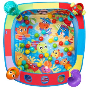 Piscina di palline Rotho Playgro con palline colorate e stazioni di attività per neonati e bambini piccoli.