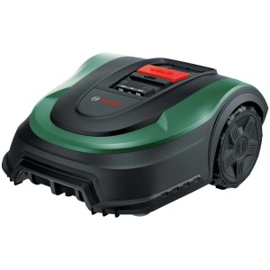 Robot tondeuse Bosch Indego XS 300 : Tondeuse verte et noire avec bouton d'arrêt rouge pour pelouses jusqu'à 300 m².