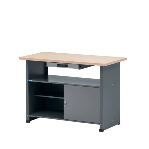 Set risparmio banco da lavoro Küpper, 3 ante, grigio chiaro/antracite, con cassetto, ripiani e pannello forato.