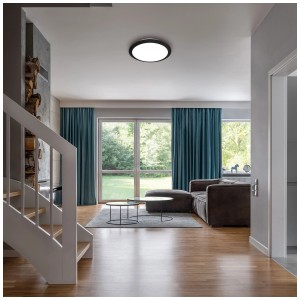 Plafonnier LED Briloner noir (Ø 31cm) avec lumière blanche neutre dans un salon moderne.