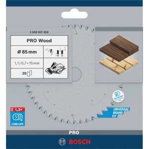 Lama per sega circolare Bosch Standard for Wood Ø 85 mm per seghe a batteria. Lama durevole con denti in metallo duro per tagli precisi.