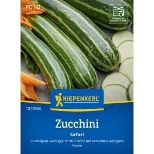 Paquet de graines de courgettes hybrides Kiepenkerl Zucchini Safari F1 avec des courgettes et des tranches de courgettes.