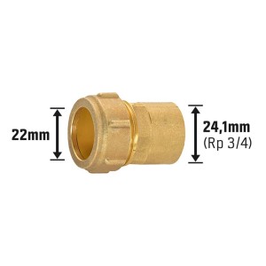 Raccordo a compressione in ottone, 22 mm x 24,1 mm (Rp 3/4), per impianti idraulici e di riscaldamento.