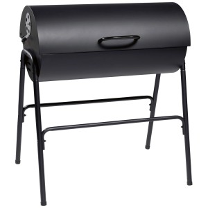 Barbecue à charbon noir en forme de tonneau avec couvercle et contrôle de la ventilation.