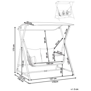 Dondolo Hollywood Beliani Fiastra: Disegno tecnico con dimensioni, telaio in acciaio, tettuccio regolabile e cuscini. Max 240 kg.