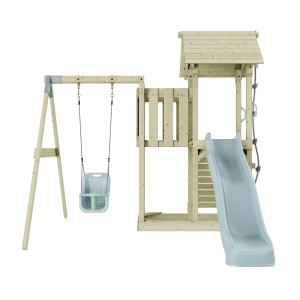 Altalena per neonati PolarPlay Bergen Ice Blue con scivolo e struttura da arrampicata in legno.