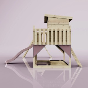 Tour de jeu PolarPlay Aksel rose ancien avec toboggan, balançoire et mur d'escalade.