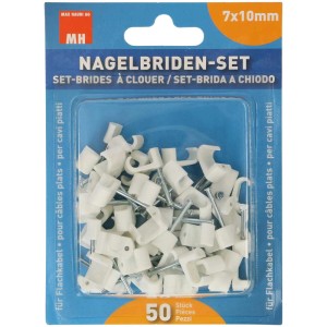 Set de brides à clous pour câbles plats, 50 pièces, blanc, câble Ø 7x10mm. Pour fixation de câbles.