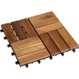 Dalle clipsable en acacia, 30x30cm, lot de 6. Dalle en bois avec lattes en acacia et support en plastique.