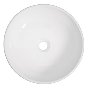 Vasque à poser ronde blanche en céramique (Ø 42 cm) sans trou de robinetterie.