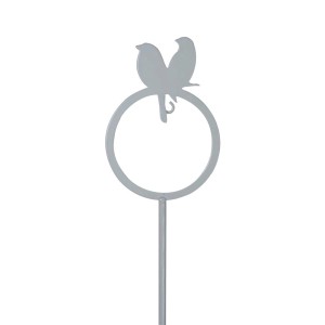Grauer Meisenknödelhalter mit Vogelpaar-Stecker für den Garten.