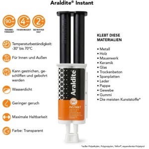Araldite 2K-Kleber Instant, transparente Doppelspritze. Schnelle 90s Verarbeitungszeit, klebt Metall, Holz, Glas, Keramik.