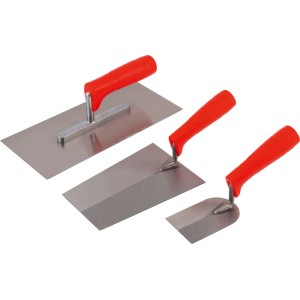 Set 3 spatole: Robuste spatole in metallo con manici rossi in plastica, diverse misure per muratori e piastrellisti.