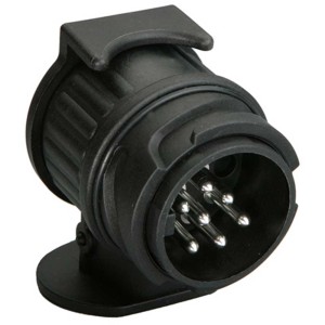 Adattatore corto Unitec da 13 a 7 poli per rimorchi auto, in plastica nera.
