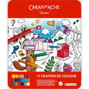Caran d'Ache Swisscolor matite acquerellabili, set da 18, in scatola metallica colorata con paesaggio.