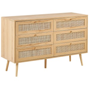 Commode Beliani Perote, marron, avec rotin et 6 tiroirs, 75x120x42 cm.