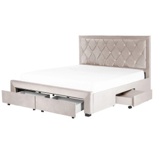 Beiges Samt Bett 180x200 cm mit Schubladen für mehr Stauraum.