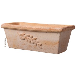Fioriera Deroma Olive in terracotta con rilievo ramo d'ulivo, ideale per il giardino.
