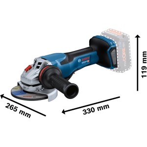 Smerigliatrice angolare a batteria Bosch Professional GWS 18V-15 P Solo con accessori e dimensioni.
