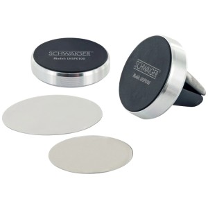 Support magnétique pour smartphone Schwaiger LHSP0100 pour voiture, argent/noir, avec adaptateurs magnétiques et adaptateur de ventilation.