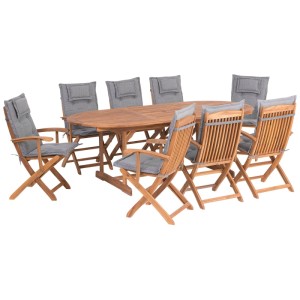 Ensemble de jardin Beliani Maui: table ovale en bois d'acacia, 8 chaises marron avec accoudoirs et coussins gris. 9 pièces.