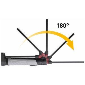 Lampe de poche LED Kraftwerk Slimlight 700, pliable à 180°, avec flèche jaune montrant la flexibilité.