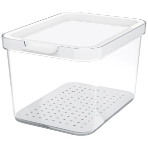 Organizzatore frigo Rotho Cauma 2,15 l, trasparente con coperchio bianco e inserto scolapiatti.