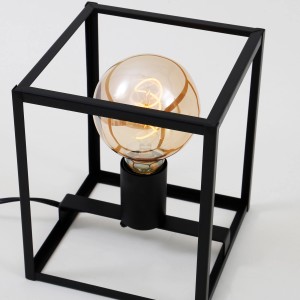 Lampe de table noire Briloner au design vintage avec ampoule dans un cadre cubique.