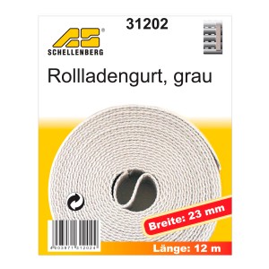 Sangle de volet roulant grise, largeur 23 mm, longueur 12 m, enroulée.