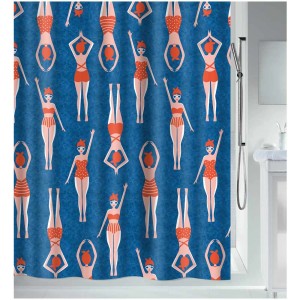 Tenda doccia blu Spirella con bagnanti retrò, 180x180 cm.