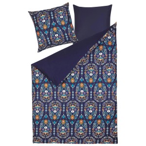 Set biancheria da letto Madrona, double, blu scuro-arancio in raso di cotone.