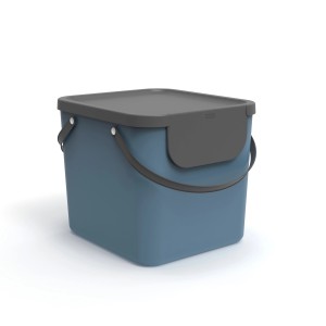 Rotho Albula Recycling-Mülleimer, 40 l, Horizontblau, mit grauem Deckel und Tragegriff.