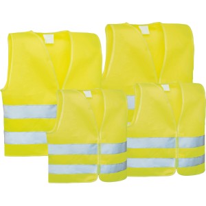 Set famiglia di giubbotti di sicurezza gialli (4 pz.) nelle taglie S e XL con riflettori per assistenza stradale e pronto soccorso.
