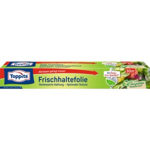 Pellicola trasparente Toppits 30m, confezione verde con Easy-Cut-System e cibo fresco per conservazione.