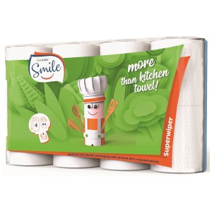 Carta da cucina Smile, 3 veli, 4 rotoli da 64 fogli. Rotolo da cucina assorbente in confezione ecologica.