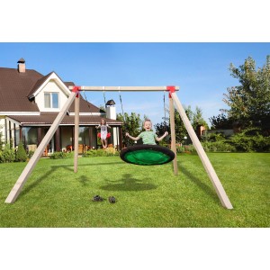 Balancelle double Weka Tabaluga avec balançoire nid et enfant sur balançoire dans le jardin.