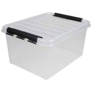 Transparente SmartStore Box Classic 31 mit Deckel (32 l) und schwarzen Verschlüssen.