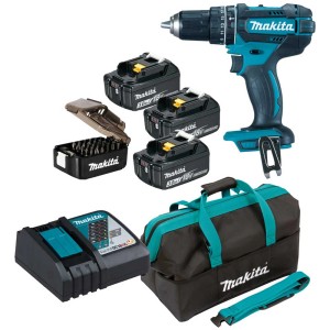 Kit perceuse-visseuse à percussion sans fil Makita 18V LXT avec batteries, chargeur, accessoires et sac.