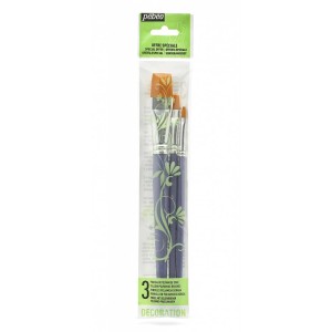 Pébéo Borstenpinsel-Set, 3 flache Pinsel mit gelben Borsten und blauem Griff im Blister.